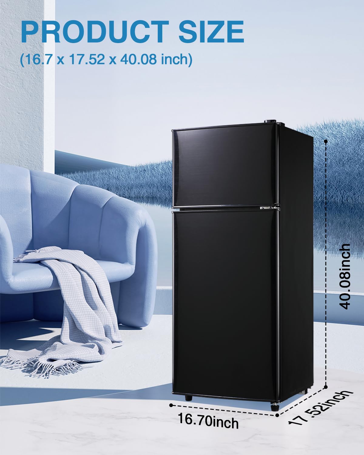 Iorbur FLS-90-BLACK 4.0Cu.Ft Compact, Small Refrigerator with Freezer, Retro Fridge with Dual Door, 7 Level Adjustable Thermostat for Garage, Dorm,Bedroom, Office, Black