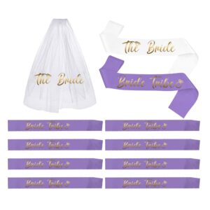 lady&home bachelorette party sash set-1 veil,1 bride sash and 9 bride tirbe sashes, bachelorette party decorations,bridal shower gifts(lavender,11pcs)