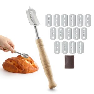 jjoo bread scoring tool, stainless steel bread lame, hand crafred bread lame dough sourdough scoring tool, bread scorer with 15 blades and leather cover