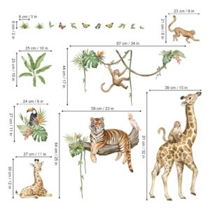 wondever Large Jungle Animal Tree Branch Wall Stickers Safari Giraffe Tiger Monkey Peel and Stick Wall Art Decals for Baby Nursery Kids Bedroom Playroom