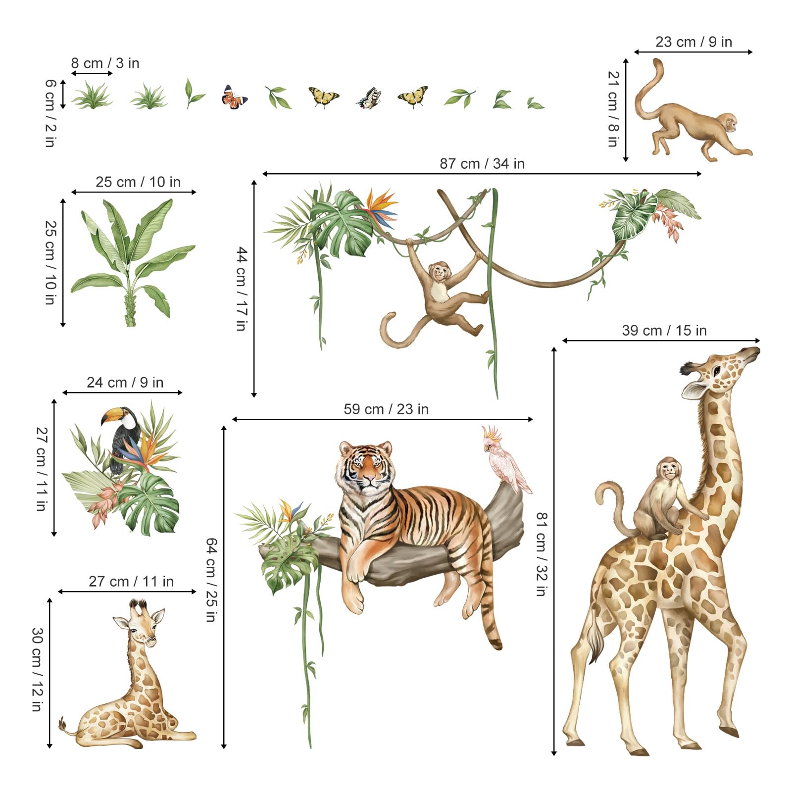 wondever Large Jungle Animal Tree Branch Wall Stickers Safari Giraffe Tiger Monkey Peel and Stick Wall Art Decals for Baby Nursery Kids Bedroom Playroom