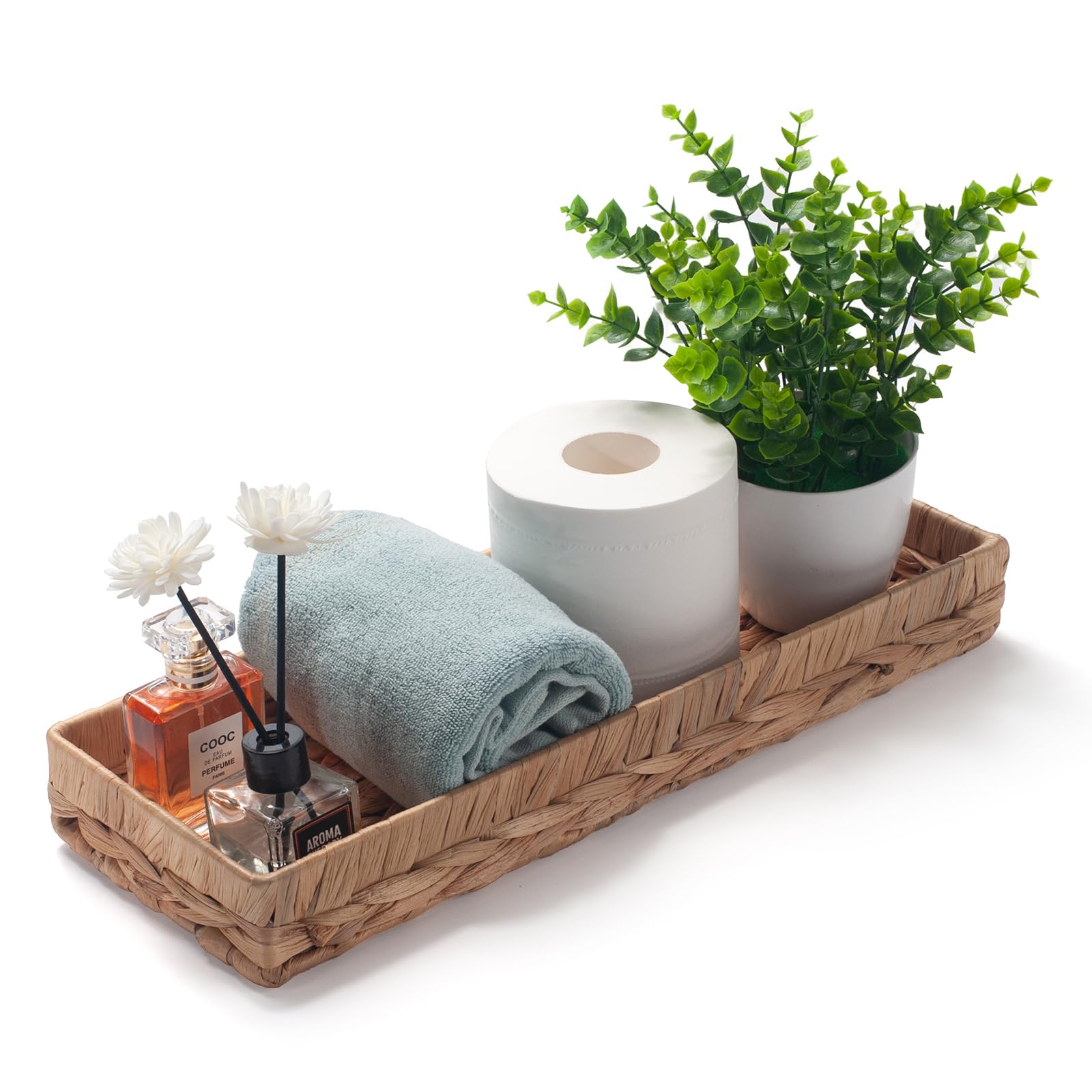 Woven Bathroom Vanity Tray for Storage Water Hyacinth Back of Toilet Basket Long Narrow Guest Towel Holder (Natural 16.3 x 6.1 x 2 inch)