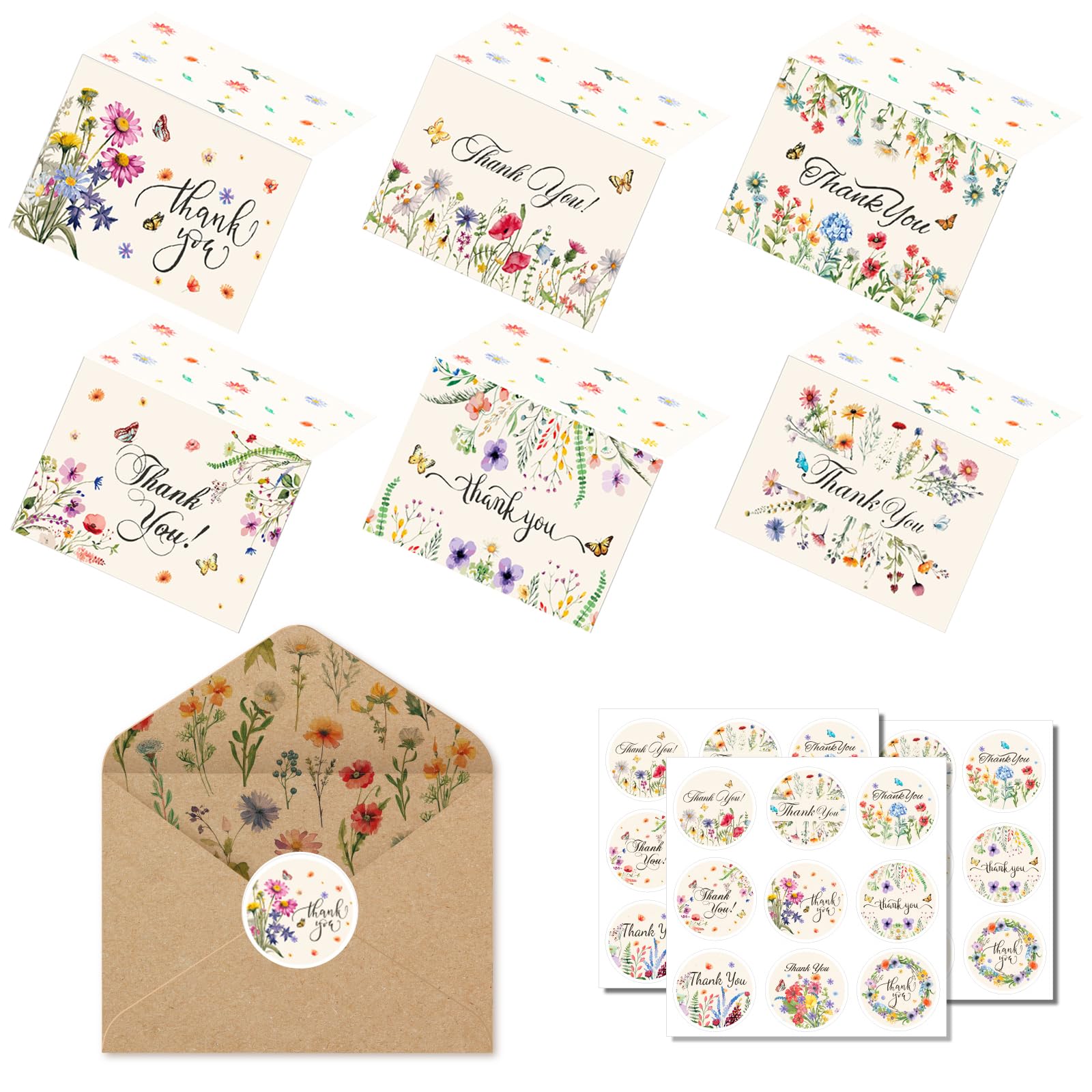 Savgkoyt 75 Pack Wildflower Thank You Cards with Envelopes and Stickers Thank You Notes with Envelopes Set Bulk Vintage Flower Greeting Cards with Kraft Envelope Sticker for Wedding Bridal Showers Baby Showers