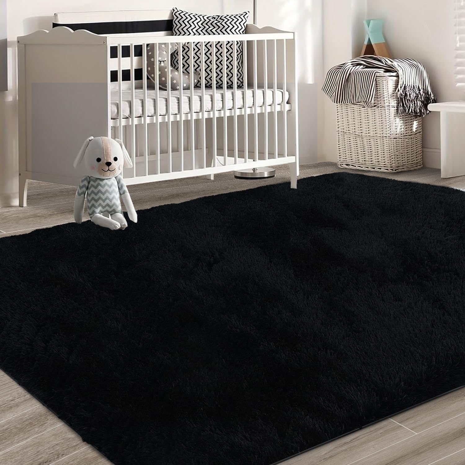 Shag Area Rugs for Bedroom Living Room,5X8 Ultra Soft Fluffy Area Rugs for Dorm,Indoor Carpet Nursery Rugs for Kids Girls Room Home Decor, Black