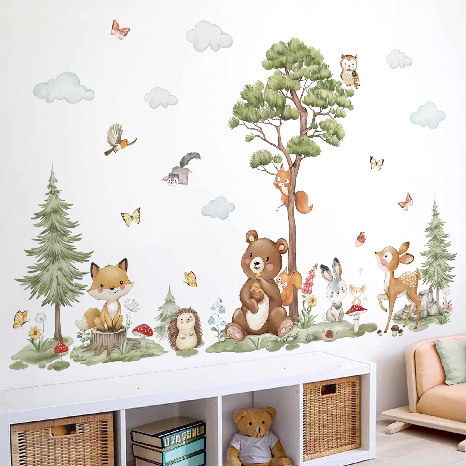 wondever Woodland Animals Wall Stickers Large Pine Tree Forest Bear Deer Fox Peel and Stick Wall Art Decals for Baby Nursery Kids Bedroom Playroom