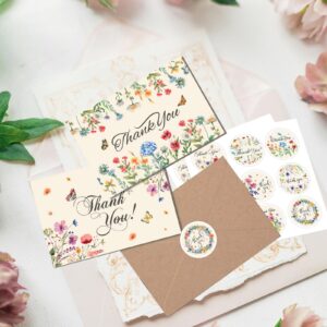 Savgkoyt 75 Pack Wildflower Thank You Cards with Envelopes and Stickers Thank You Notes with Envelopes Set Bulk Vintage Flower Greeting Cards with Kraft Envelope Sticker for Wedding Bridal Showers Baby Showers