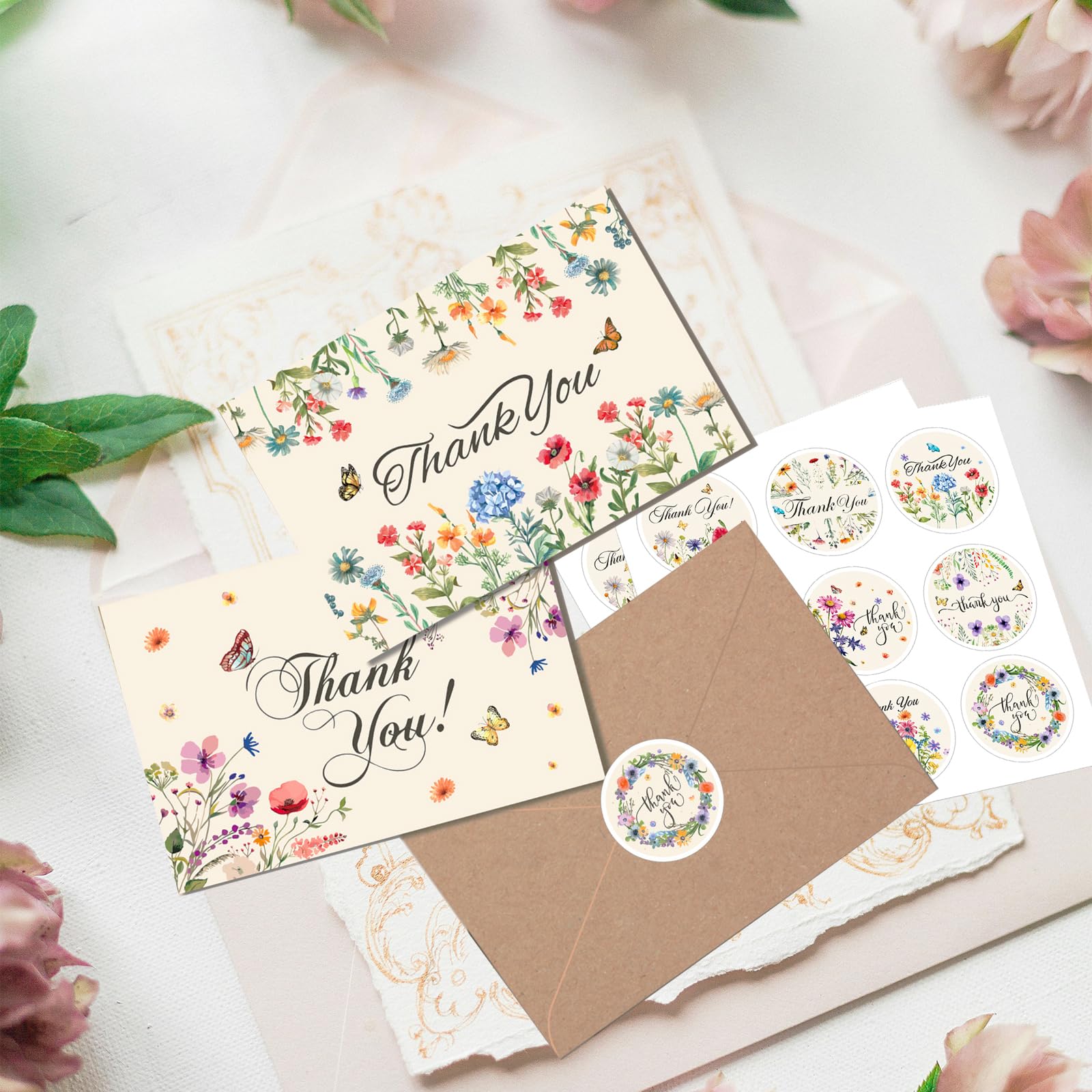 Savgkoyt 75 Pack Wildflower Thank You Cards with Envelopes and Stickers Thank You Notes with Envelopes Set Bulk Vintage Flower Greeting Cards with Kraft Envelope Sticker for Wedding Bridal Showers Baby Showers