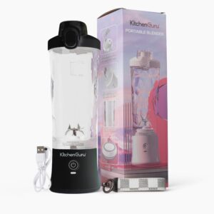 Kitchen Guru Elite Rechargeable Travel Blender: 240W Personal Smoothie Maker with 6-Leaf Blade, 600ml Capacity, and Innovative Pop-Up Design for Easy Portability - For Home or On the Go (Black)