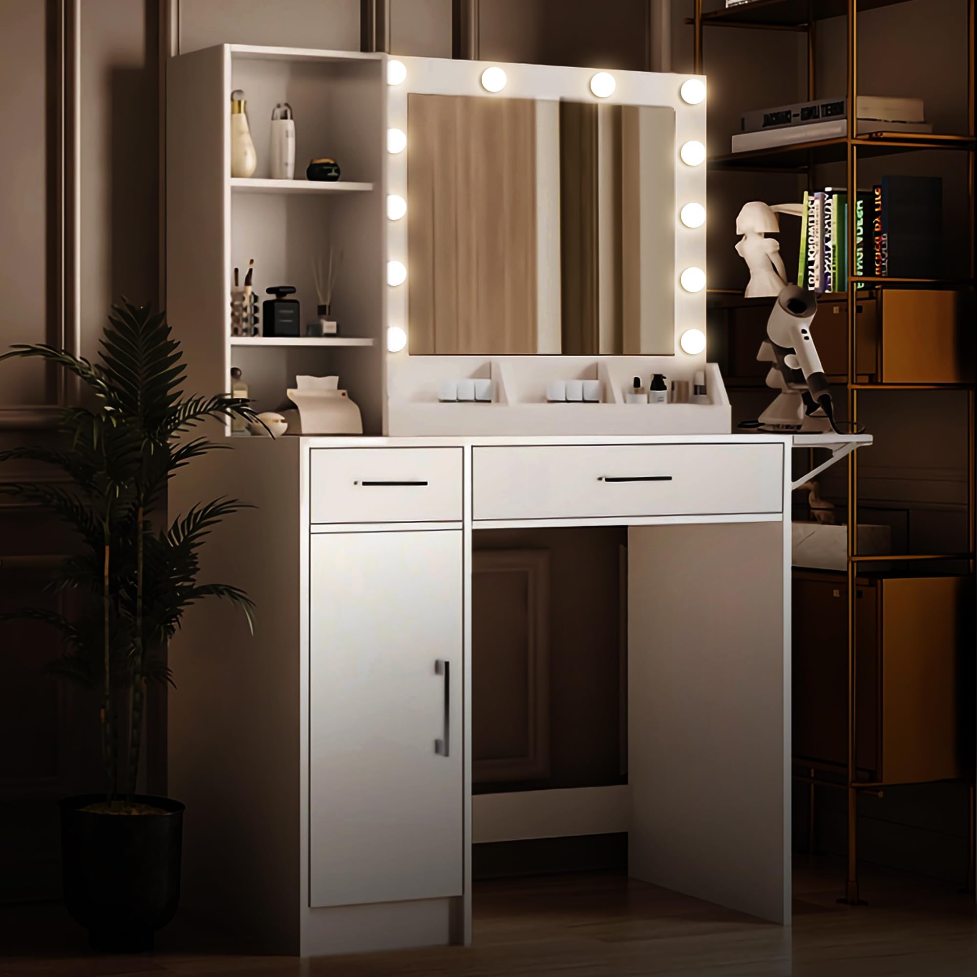 FITSCROPR Vanity Desk with Drawers & Mirror with Lights, with Drawers & Cabinet 3 Shelves Lots Storage for Stylish Bedroom,White