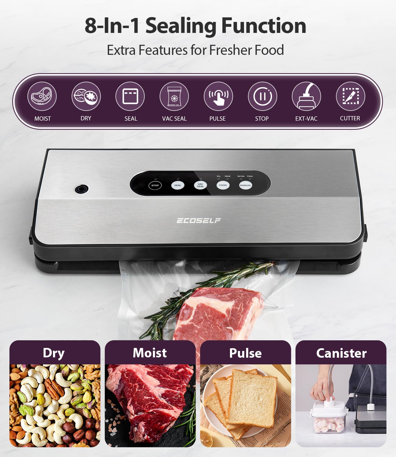 Vacuum Sealer Machine, with 8-in-1 Function& Detachable Tray& Cutter& 10 Bags, Food Vacuum Sealer Saver Machine for Food Storage & Sous Vide,Automatic Sealing Machine,EXT-VAC,Stainless Steel