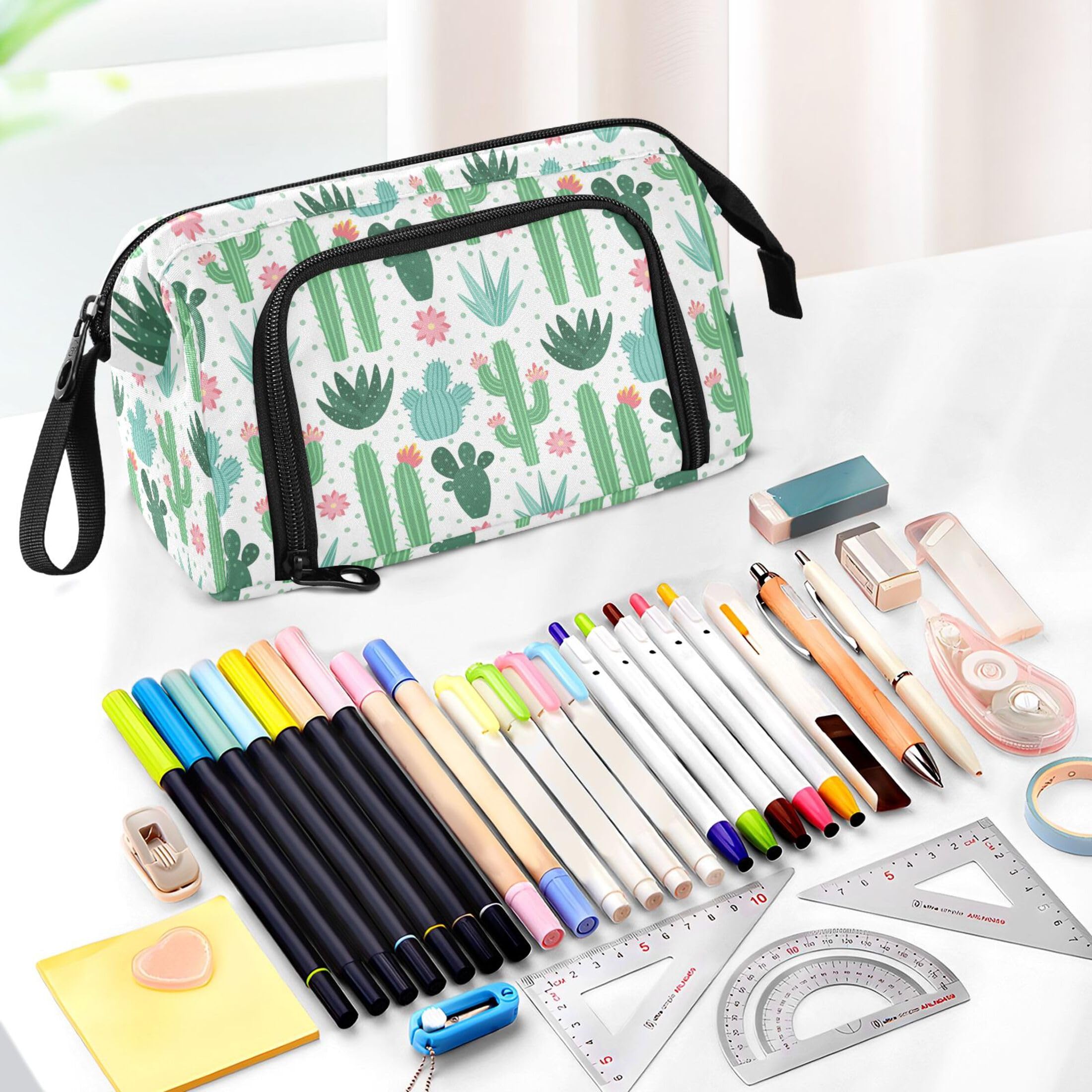 Vozoza Cactus Succulent Floral Pen Bag Big Capacity Pencil Case with Zipper Pencil Pouch Pen Cases Organizer for Adults