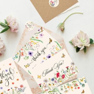 Savgkoyt 75 Pack Wildflower Thank You Cards with Envelopes and Stickers Thank You Notes with Envelopes Set Bulk Vintage Flower Greeting Cards with Kraft Envelope Sticker for Wedding Bridal Showers Baby Showers