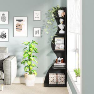 Tribesigns Corner Shelf, Modern 5-Tier Wall Corner Bookshelf, Stylish Corner Small Bookcase Storage Rack Plant Stand with Unique Shape for Living Room, Home Office, (1PC, Black)