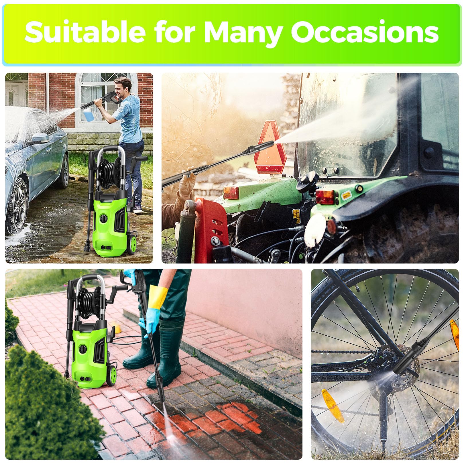 Suyncll Pressure Washer, MAX PSI 2.5GPM Electric Power Washer,1800W High Pressure Washer, Professional Washer Cleaner, with All-in-one Adjustable Nozzle and Hose, Best for Cleaning Cars (Green&Black)