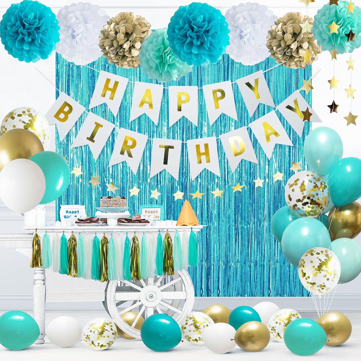 Teal Blue and Gold Birthday Party Decorations with Happy Birthday Banner,Foil Fringe Curtain,Tissue PomPoms,Star String Garland for Women Girls Party Decorations