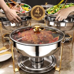 amhier 3 qt 5 qt chafing dish buffet set with visible glass lid and holder, stainless steel round chafing dishes for buffet with food and water pans for catering, parties and weddings, gold, 4 pack