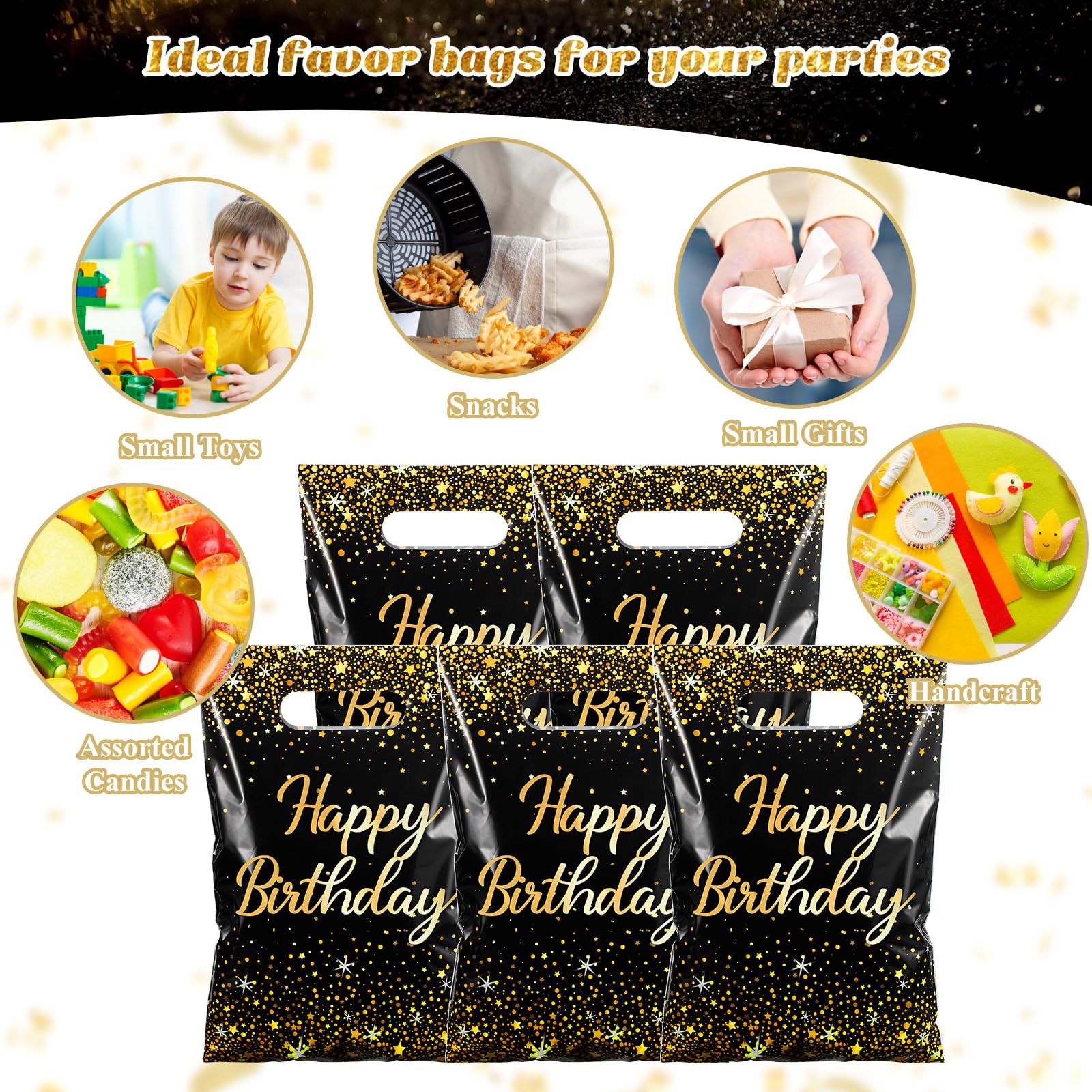 Pasimy 50 Pcs Black Gold Birthday Gift Bags Black Gold Party Favor Bags Golden Plastic Goodie Treat Bags with Handle for Birthday Party Wedding Bridal Baby Shower Christmas New Year Gift Supplies