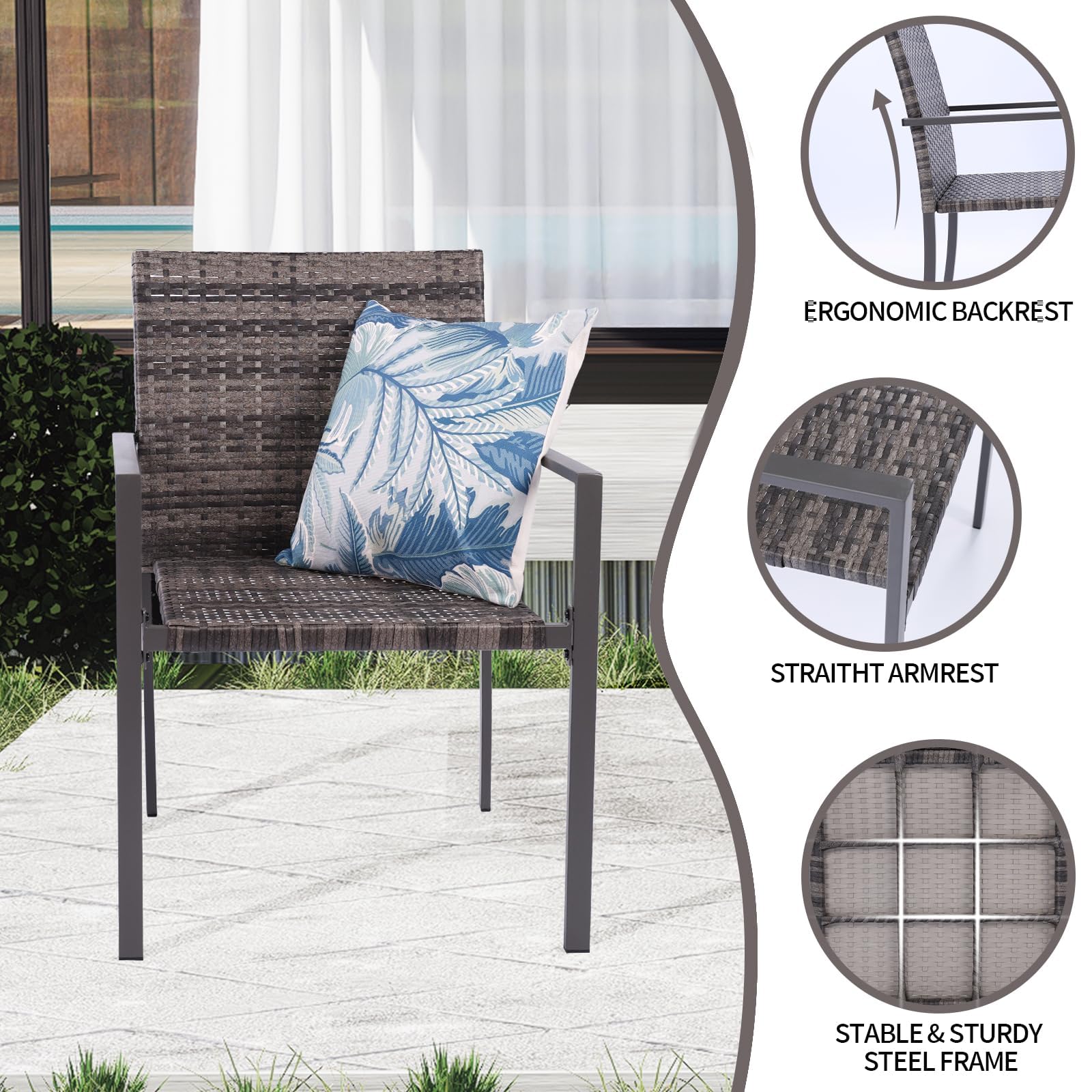 MEISSALIVVE Elegant Patio Dining Chairs Outdoor Set of 2, Stackable All-Weather Resistant Rattan Wicker Chairs, Deck Chairs for Porch, Balcony, Backyard, Garden 330LBS Capacity (Grey)