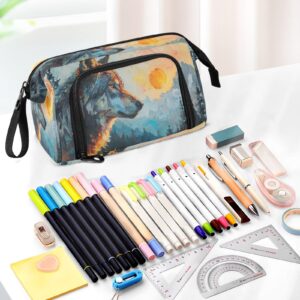 SUABO Big Capacity Pencil Case Oil Print Wolf Forest Pouch Pen Case Pencil Box Stationery Bag Makeup Bag Office Organizer for Adults