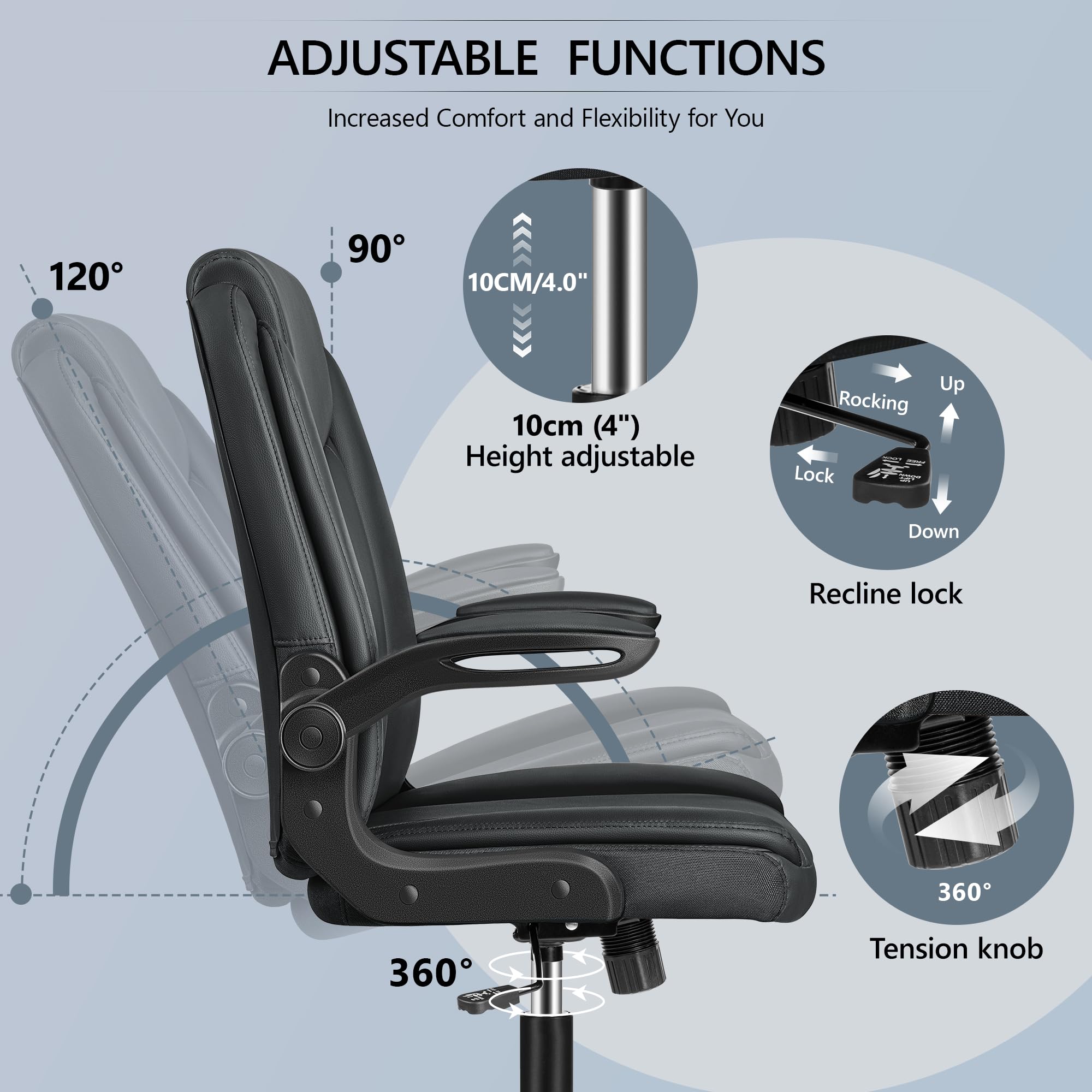 AtHope Office Chair Ergonomic Computer Desk Chair, Executive Leather Office Chair with Adjustable Flip-up Armrests Height, Swivel Task Chair with Lumbar Support Rocking Function for Home Office(Black)