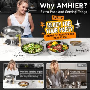 Amhier 3 Qt 5 Qt Chafing Dish Buffet Set with Visible Glass Lid and Holder, Stainless Steel Round Chafing Dishes for Buffet with Food and Water Pans for Catering, Parties and Weddings, Gold, 4 Pack