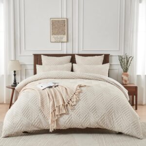 YASMENG Beige Duvet Cover Set Queen Size - Boho Tufted Jacquard with Geometric Plaid Pattern Comforter Cover Shabby Chic Embroidery Bedding Khaki Soft Microfiber Farmhouse Tufts Textured Duvet Cover