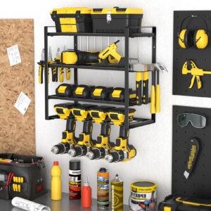 SPACECARE Power Tool Organizer，4 Drill Holders Wall Mount， 4 Layers Garage Organization Floating Cordless Drill Holder Heavy Duty Tool Organizers Utility Rack Floating Tool Shelf for 4 Drill Holders