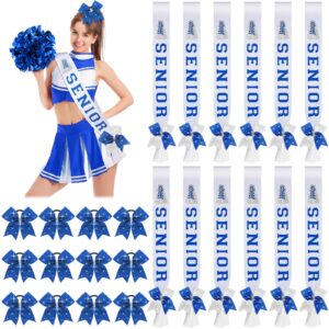 yinkin 12 set senior sash 2025 senior cheer sashes with glitter cheer hair bows and bow pins competition sash graduation senior sash gifts for cheerleader sports team supplies(white, blue, silver)