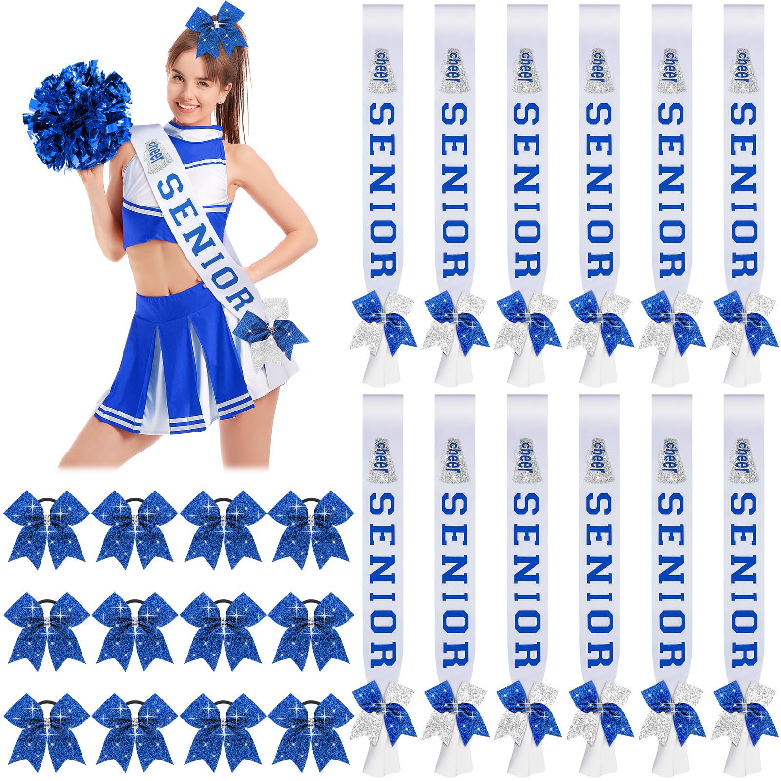 Yinkin 12 Set Senior Sash 2025 Senior Cheer Sashes with Glitter Cheer Hair Bows and Bow Pins Competition Sash Graduation Senior Sash Gifts for Cheerleader Sports Team Supplies(White, Blue, Silver)