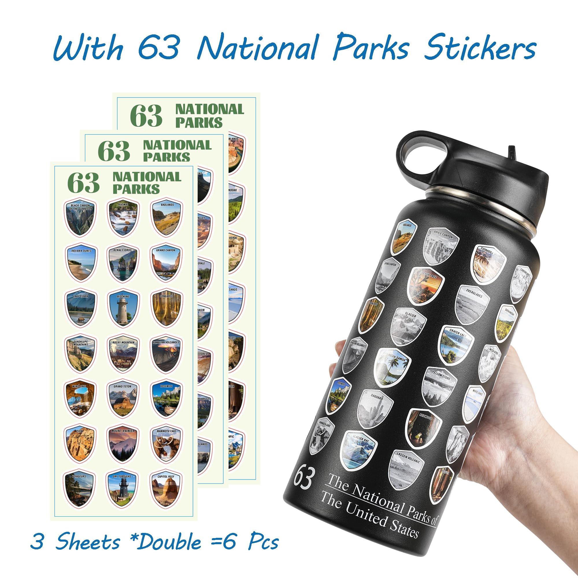 Beautsque 63 National Parks Water Bottle with Stickers,3D Printed,32 oz Travel Insulated Bottles with Straw, Stainless Steel