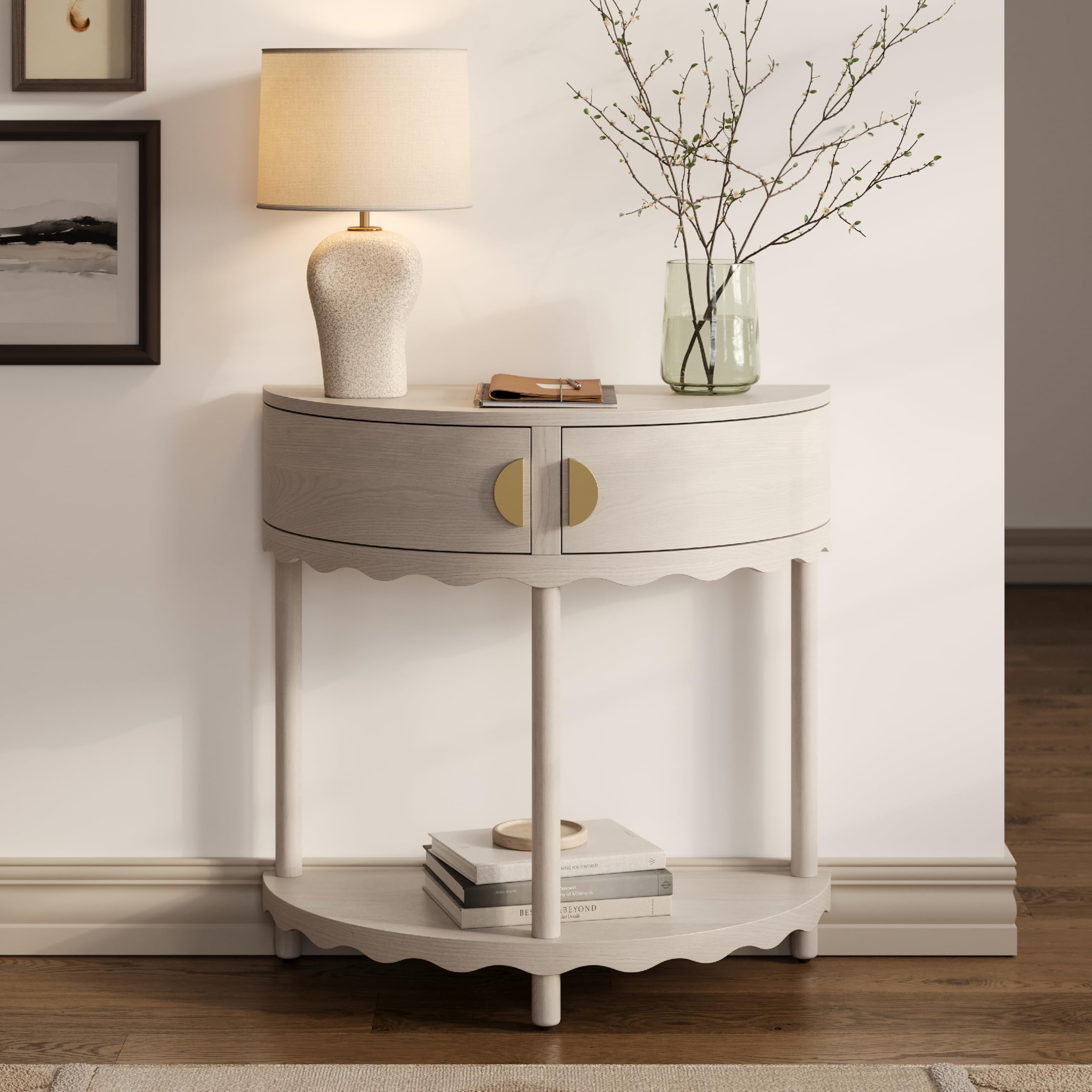 Scalloped Skirt Half Moon Console Table - Small Entry Table with Storage for Narrow Spaces - Modern Home Decor - Living Room Furniture - Solid Wood Entryway Table with Two Doors (Whitewash Oak)