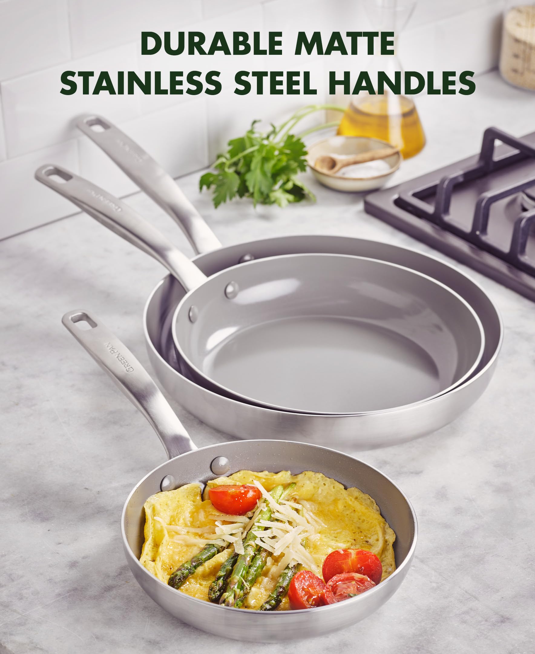 GreenPan Chatham Tri-Ply Stainless Steel Cookware Healthy Ceramic Nonstick 8" 10" and 12" 3 Piece Frying Pan Skillet Set, PFAS-Free, Multi Clad, Induction, Dishwasher Safe, Oven and Broiler Safe