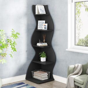 Tribesigns Corner Shelf, Modern 5-Tier Wall Corner Bookshelf, Stylish Corner Small Bookcase Storage Rack Plant Stand with Unique Shape for Living Room, Home Office, (1PC, Black)