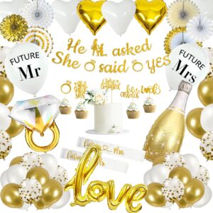 engagement party decorations gold he asked she said yes banner bridal shower wedding decorations cake toppers and mr. & mrs. balloons sash