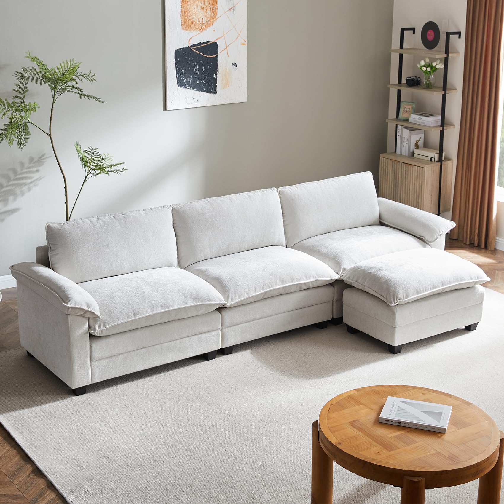 mestyl Comfy Modular Sectional Couch with Ottoman, 120" L Shaped 3 Deep Seat Fluffy Cloud Sofa, Modern Sleeper Sofas Soft Couches Set for Living Room, Apartment, Office, Studio, Chenille, Beige White