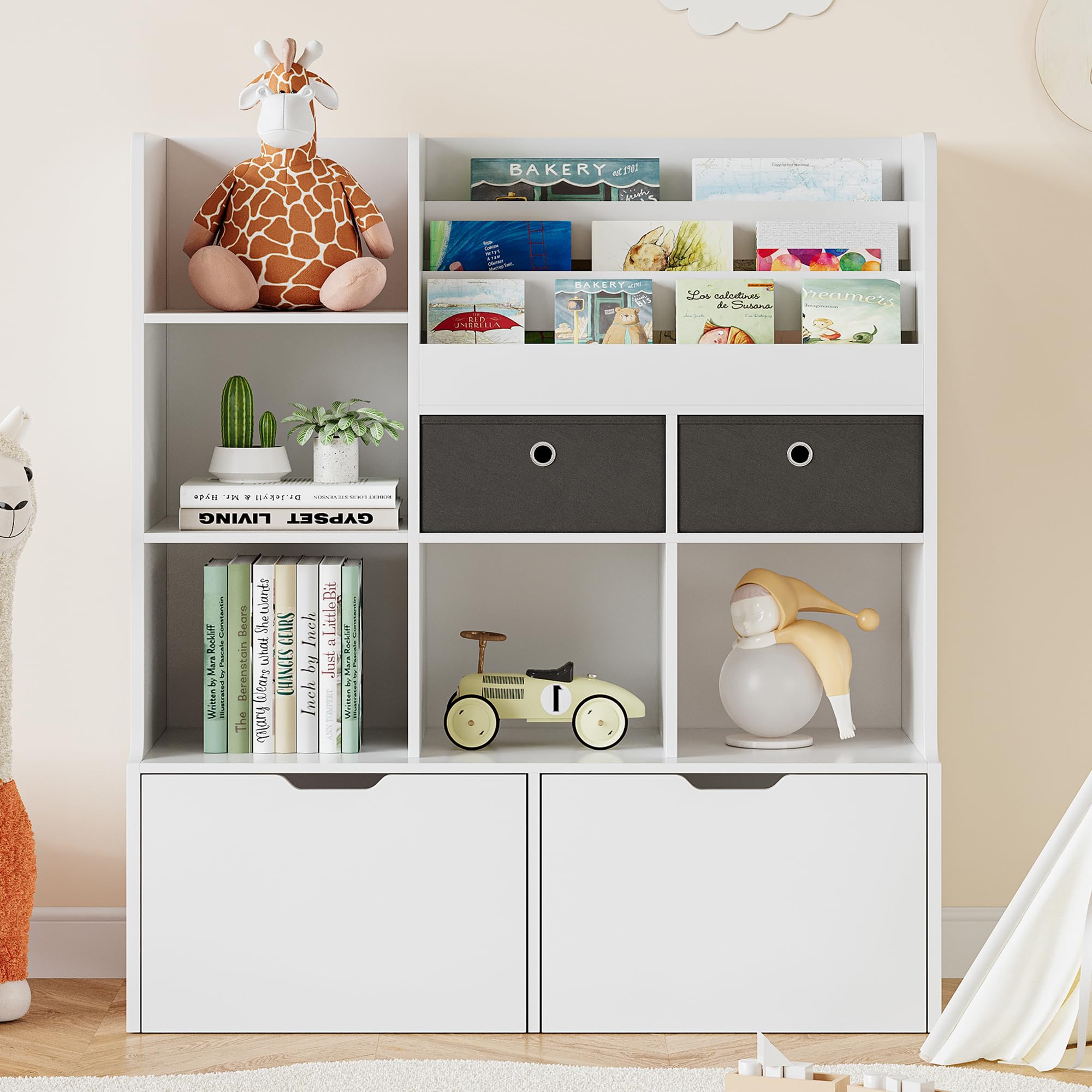 IDEALHOUSE Kids Bookshelf with Drawers 47.8in Toy Storage Organizer Modern Bookcase with Cubbies White Floor Storage Cabinet Wooden Toy Chest Playroom, Classroom, Nursery, Kids Room