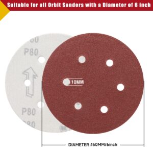 POTUINOM 100 PCS 6 Inch Sanding Discs, 6 Hole Hook and Loop Sandpaper 60 80 120 240 400 Grit Set, Round Orbital Sand Paper Discs for Sander