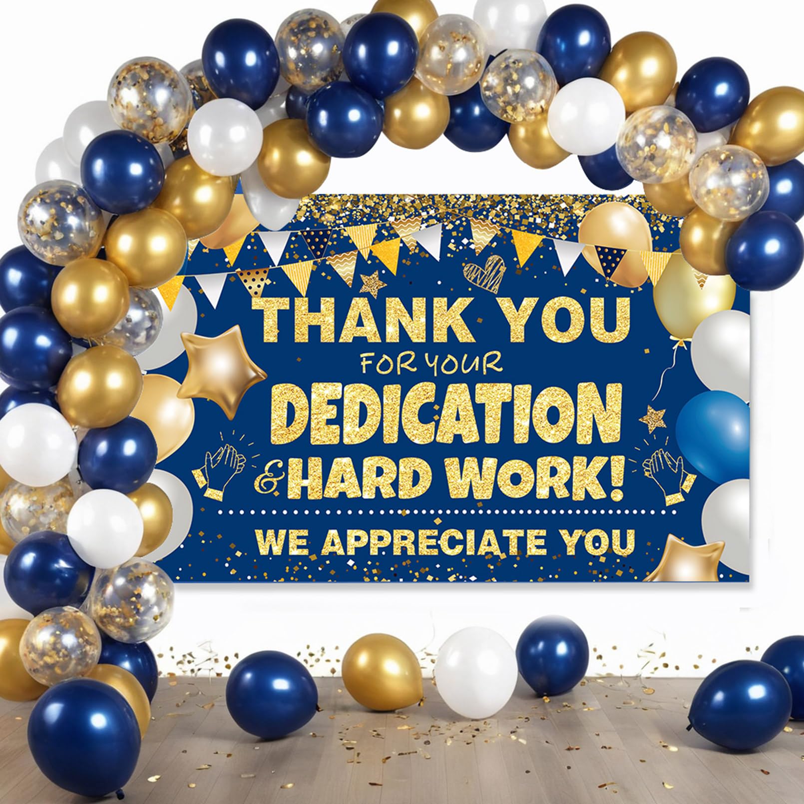 We Appreciate You Decorations Blue Gold We Appreciate You Banner with Balloons Arch Kit Thank You Backdrop for Teacher Employee Staff Doctors Nurse Poaster Volunteer Appreciation Week Party Decor