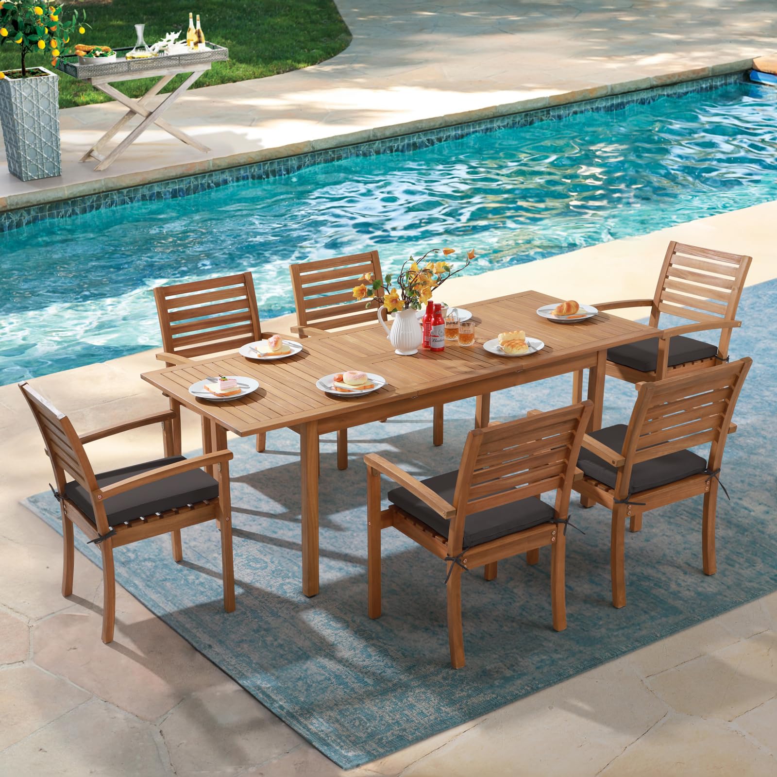 OC Orange-Casual 7 Piece Patio Dining Set, Outdoor Acacia Wood Furniture Set, Extendable Rectangular Table and 6 Stackable Chairs w/Removeable Fabric Cushion, FSC Certified, Dark Grey Cushion