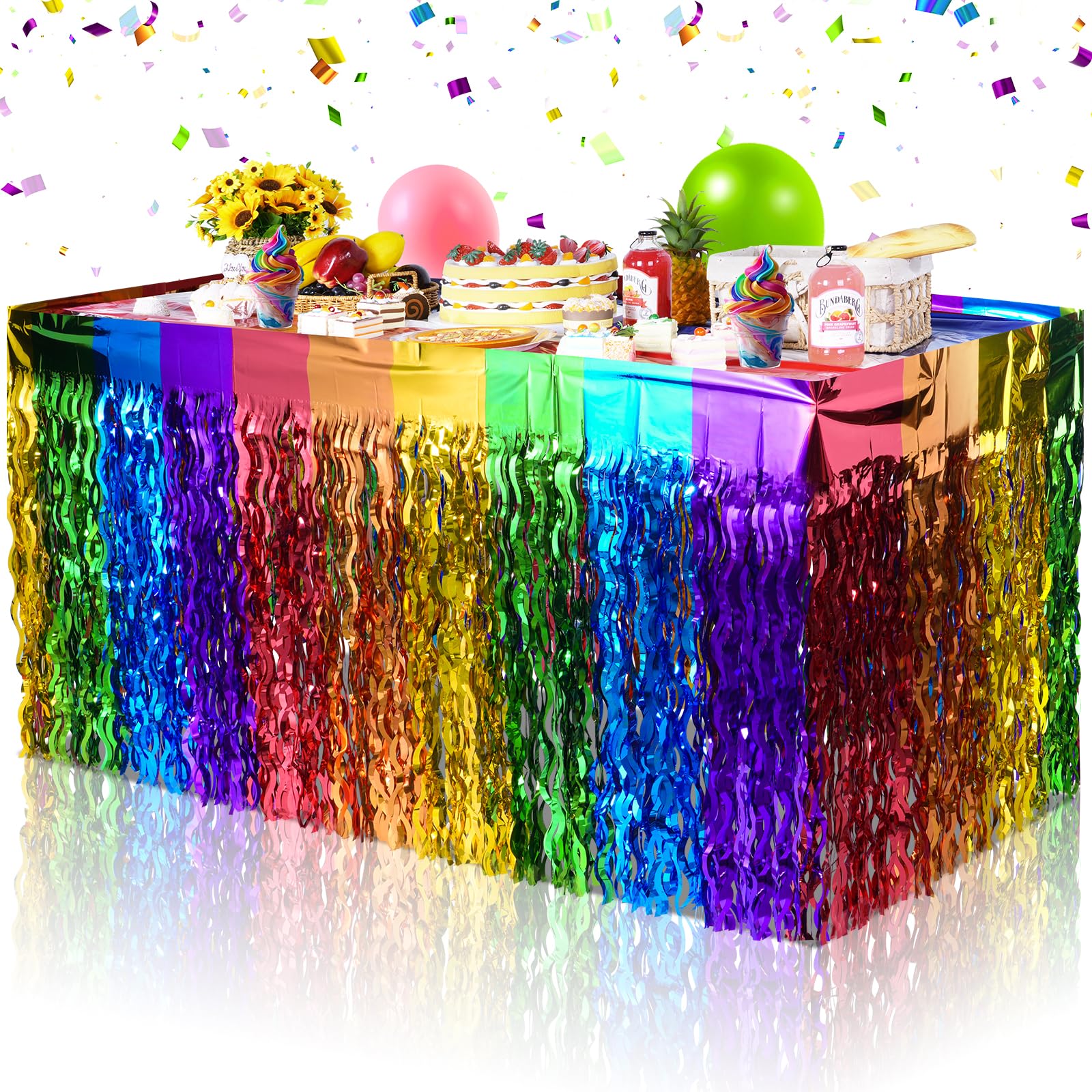 6 Pack Rainbow Wavy Table Skirt Party Decorations 30x108 Inch, Rainbow Party Table Decorations, Rainbow Metallic Foil Tinsel Table Skirts for Birthday Wedding Engagement Bridal Shower Party Supplies