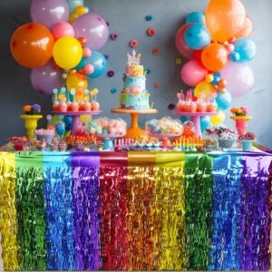 6 Pack Rainbow Wavy Table Skirt Party Decorations 30x108 Inch, Rainbow Party Table Decorations, Rainbow Metallic Foil Tinsel Table Skirts for Birthday Wedding Engagement Bridal Shower Party Supplies