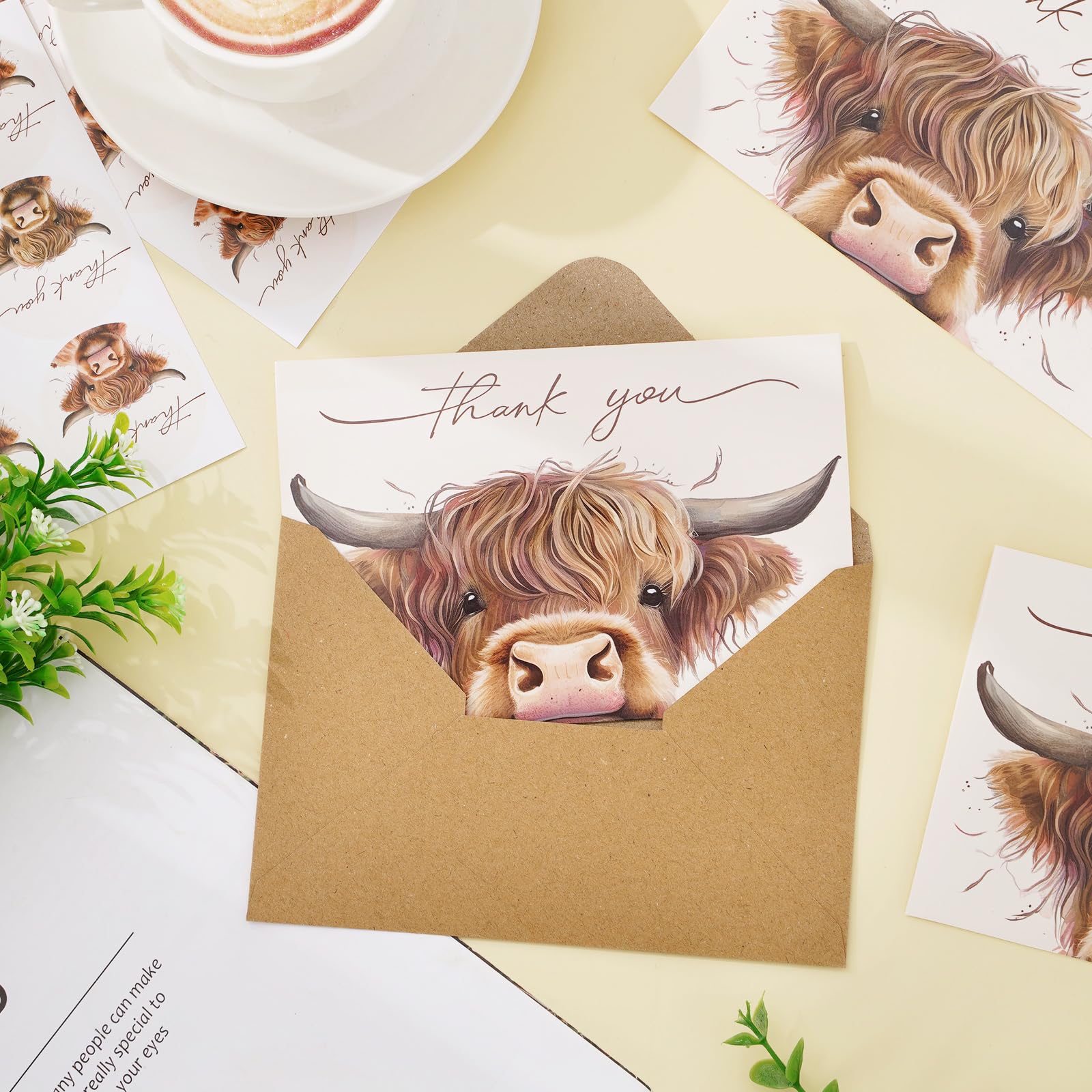 Whaline 36Pcs Highland Cow Thank You Cards with Envelopes and Stickers Barnyard Greeting Cards Blank Note Cards for Weddings Bridal Shower Baby Shower