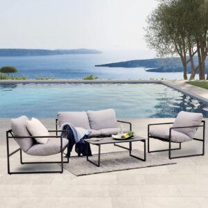 Grand patio 4-Piece Patio Furniture Set, Outdoor Patio Conversation Sofa Set with Cushion, Modern Metal Couch Loveseat Chairs and Coffee Table for Porch Deck Garden Balcony Backyard Living Room