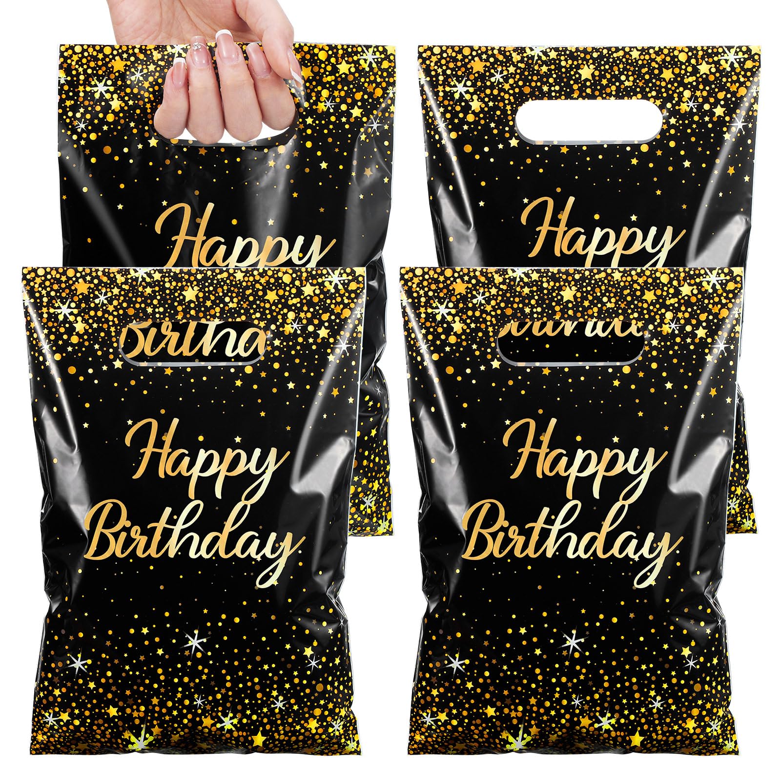 Pasimy 50 Pcs Black Gold Birthday Gift Bags Black Gold Party Favor Bags Golden Plastic Goodie Treat Bags with Handle for Birthday Party Wedding Bridal Baby Shower Christmas New Year Gift Supplies