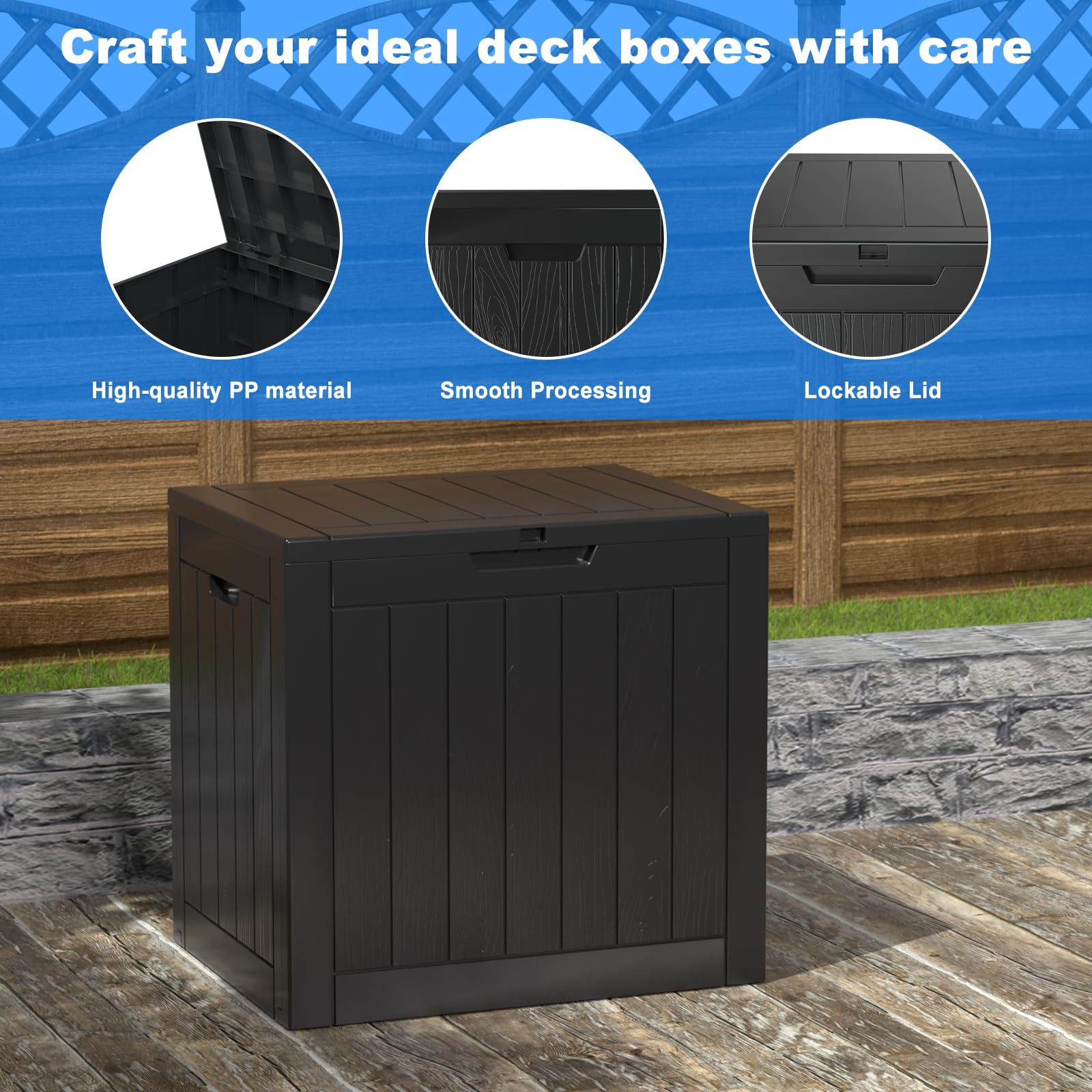 30 Gallon Waterproof Outdoor Resin Deck Box with Lockable Lid,Minimalist Wood Grain Pattern, Easy Assembly Features and Convenient Handles For Cushion, Pillows and other Patio Furniture (Black)