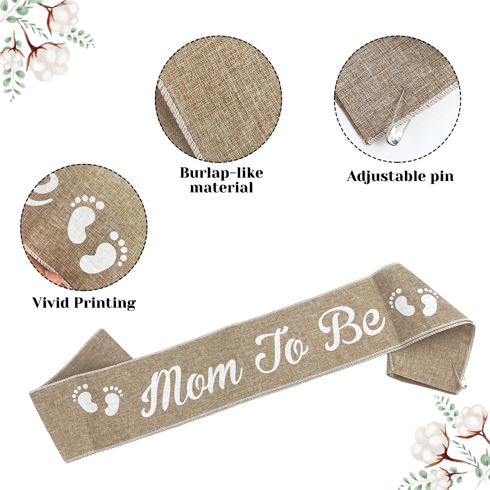 Burlap Mom to Be Sash, Rustic Boho Dad to Be Pin, Neutral Polyester Imitation Jute Mommy to Be Sash Pin for Pregnant Mommy Baby Shower Gender Reveal Party Favors (3Pcs)