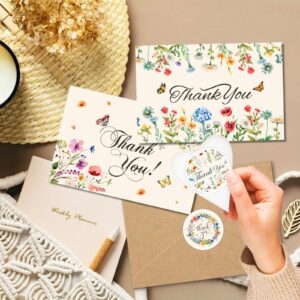 Savgkoyt 75 Pack Wildflower Thank You Cards with Envelopes and Stickers Thank You Notes with Envelopes Set Bulk Vintage Flower Greeting Cards with Kraft Envelope Sticker for Wedding Bridal Showers Baby Showers