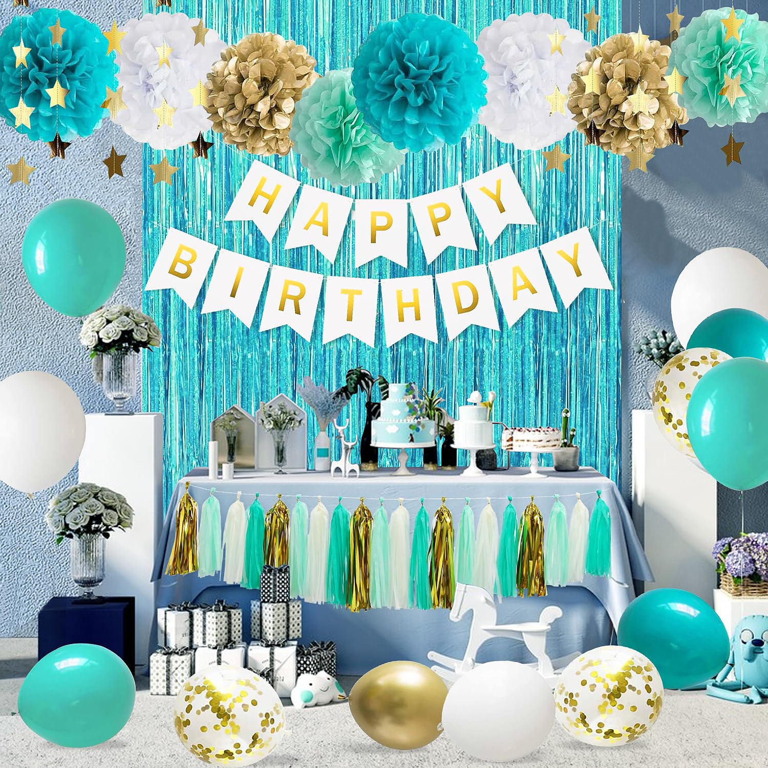 Teal Blue and Gold Birthday Party Decorations with Happy Birthday Banner,Foil Fringe Curtain,Tissue PomPoms,Star String Garland for Women Girls Party Decorations