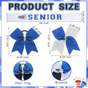 Yinkin 12 Set Senior Sash 2025 Senior Cheer Sashes with Glitter Cheer Hair Bows and Bow Pins Competition Sash Graduation Senior Sash Gifts for Cheerleader Sports Team Supplies(White, Blue, Silver)