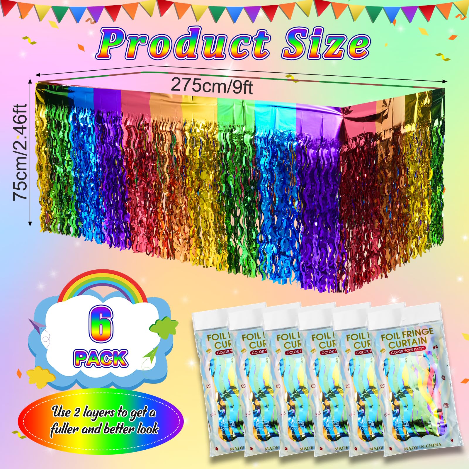 6 Pack Rainbow Wavy Table Skirt Party Decorations 30x108 Inch, Rainbow Party Table Decorations, Rainbow Metallic Foil Tinsel Table Skirts for Birthday Wedding Engagement Bridal Shower Party Supplies